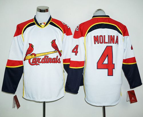 Cardinals #4 Yadier Molina White/Red Long Sleeve Stitched MLB Jersey
